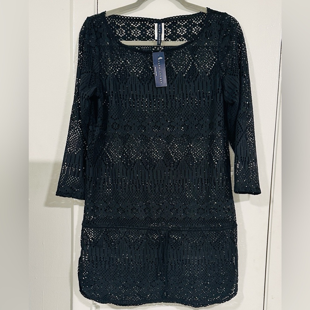 Ralph Lauren Black Lace Long sleeve swim cover up size Medium NWT tie at waist